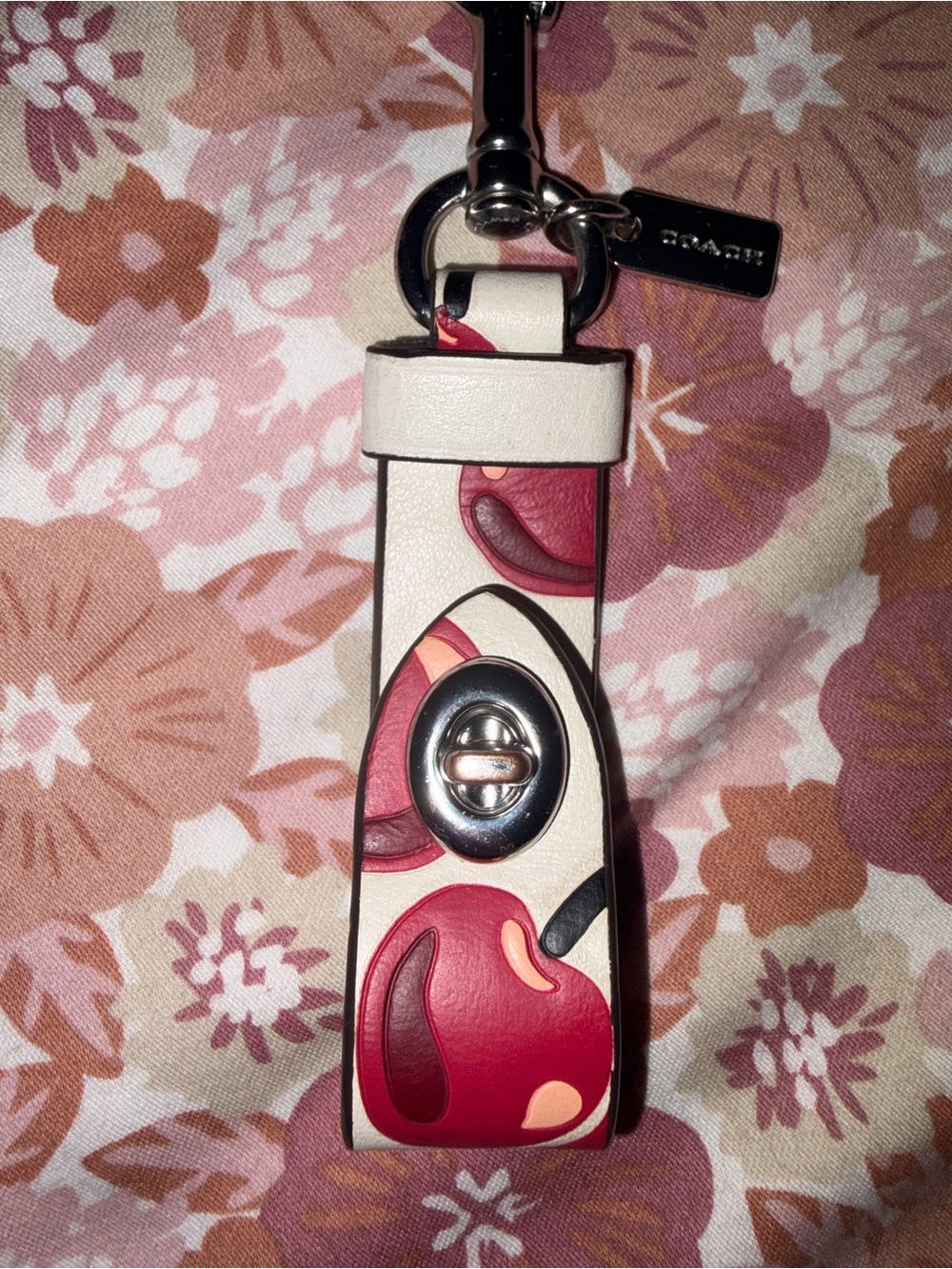 Coach Cream Leather Key holder or purse extender with Red Cherry Motif